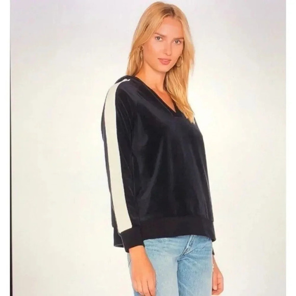 New 525 America Pullover Hoodie Navy Blue Oversized Velour Striped Sleeve Small - Picture 2 of 10